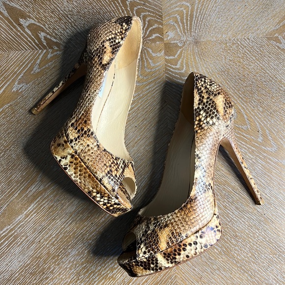 JIMMY CHOO Brown Snake Print Peep Toe Platform High Heels 5” 39 - Picture 1 of 12